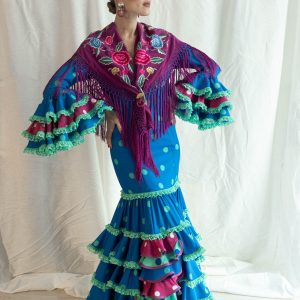 Traje de Flamenca único y exclusivo modelo 6/2023, fondo azul lunar verde,alta costura flamenca.