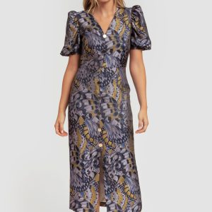 Vestido Úrsula jacquard azul/gris