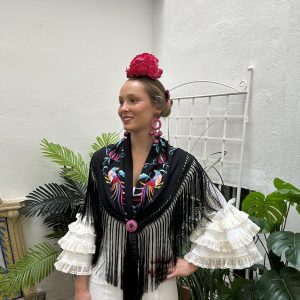 Mantoncillo bordado modelo Pájaros-10/2025-negro bordado en colores, original y exclusivo, bordado por Fabiola1987