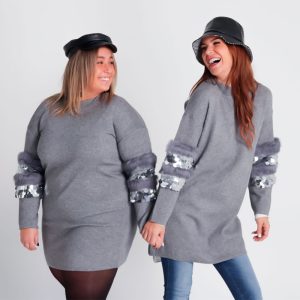 Vestido Gris Con Manga Pelo y Lentejuelas