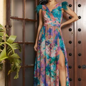 Vestido largo estampado plumas