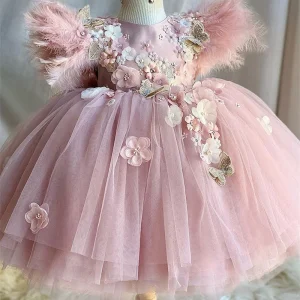 Elegante Blush Vestido Niña con Mangas Voladoras Decorados Flores TQL11