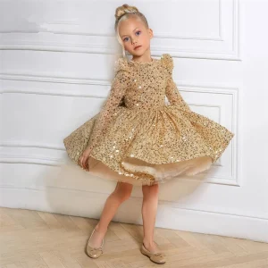 Lujoso Vestido Niña Dorado Lentejuelas TQL55