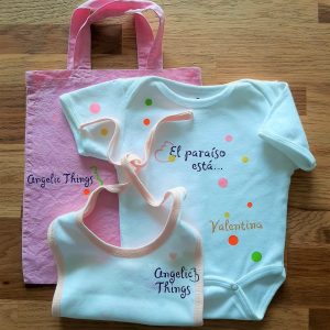 Kit Body + babero + bolsa algodón circulos «El paraíso…» Bebés