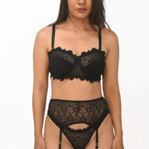 Conjunto de Lencería Negro Fuego con Liguero y Ligas